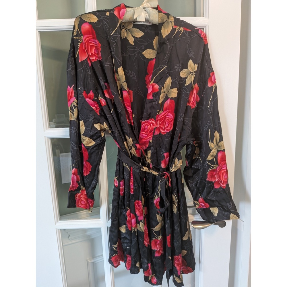 Victorias Secret 100% Silk Rose Floral Robe Black Red Vintage Style M/L
